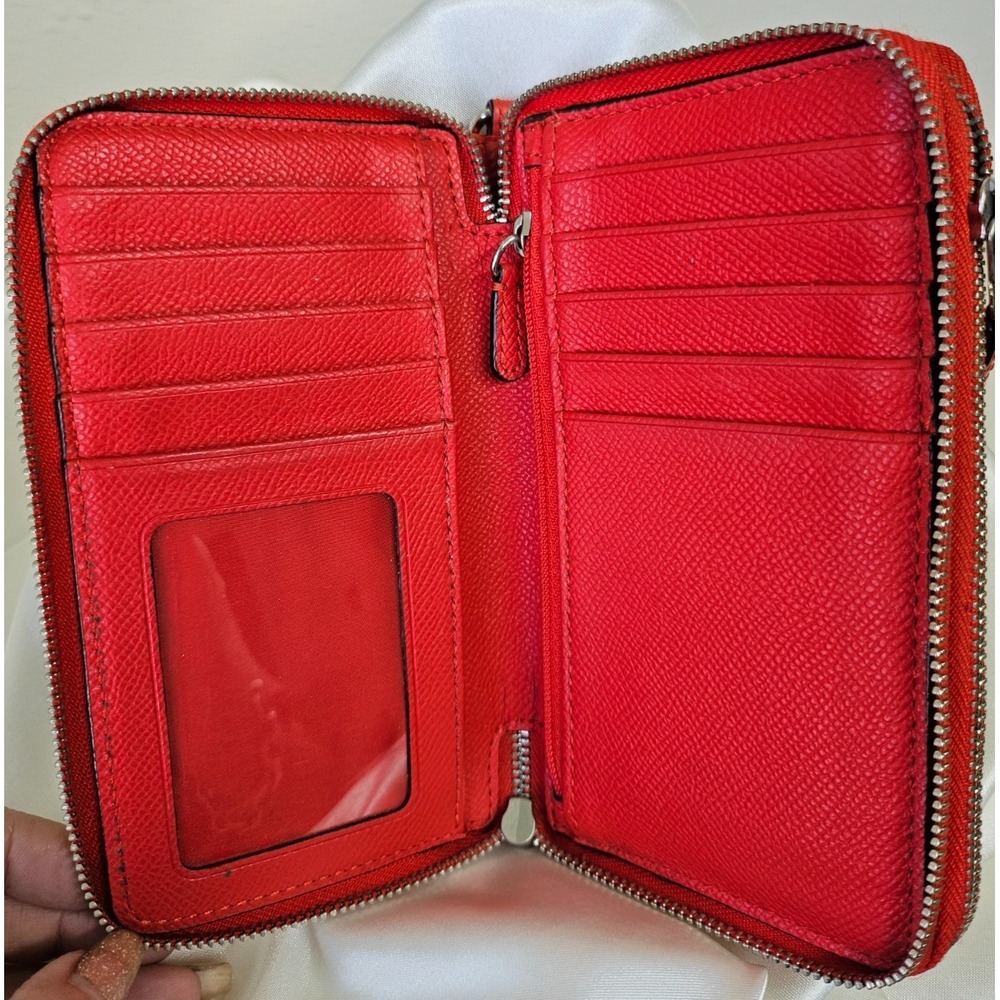 Coach DOUBLE Zip Medium Wallet Signature Canvas Brown with Red Leather Trim/Silv - Picture 8 of 11
